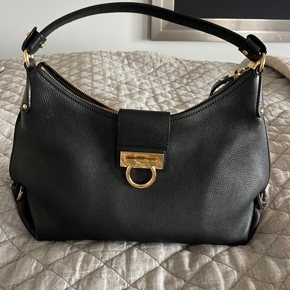 Salvatore Ferragamo Black Pebbled Leather Shoulder Bag with Gold Hardware